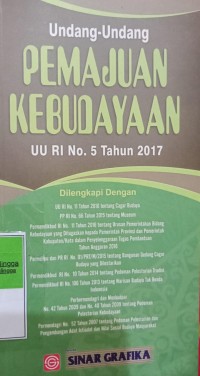 UNDANG-UNDANG PEMAJUAN KEBUDAYAAN UU RI NOMOR 5 TAHUN 2017. DILENGKAPI DENGAN UU RI NOMOR 2010 TENTANG CAGAR BUDAYA. PP RI NOMOR 66 TAHUN 2015 TENTANG MUSEUM. PERMENDIKBUD RI NOMOR 11 TAHUN 2016 TENTANG URUSAN PEMERINTAHAN BIDANG KEBUDAYAAN YANG DITUGASKAN KEPADA PEMERINTAH PROVINSI DAN PEMERINTAH KABUPATEN/KOTA DALAM PENYELENGGARAAN TUGAS PEMBANTUAN TA 2016. PERMENPU DAN PR RI NOMOR 01/PRT/M/2015 TENTANG BANGUNAN GEDUNG CAGAR BUDAYA YANG DILESTARIKAN. PERMENDIKBUD RI NOMOR 10 TAHUN 2014 TENTANG PEDOMAN PELESTARIAN TRADISI. PERMENDIKBUD RI NOMOR 106 TAHUN 2013 TENTANG WARISAN BUDAYA TAK BENDA INDONESIA. PERMENDAGRI DAN MENBUDPAR NOMOR 42 TAHUN 2009 DAN NOMOR 40 TAHUN 2009 TENTANG PEDOMAN PELESTARIAN KEBUDAYAAN. PERMENDAGRI NOMOR 52 TAHUN 2007 TENTANG PEDOMAN PELESTARIAN DAN PEMBANGUNAN ADAT ISTIADAT DAN NILAI SOSIAL BUDAYA MASYARAKAT