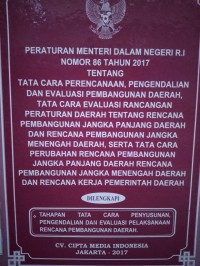 PERATURAN MENTERI DALAM NEGERI RI NOMOR 86 TAHUN 2017 TENTANG TATA CARA PERENCANAAN, PENGENDALIAN DAN EVALUASI PEMBANGUNAN DAERAH, TATA CARA EVALUASI RANCANGAN PERATURAN DAERAH TENTANG RENCANA PEMBANGUNAN JANGKA PANJANG DAERAH DAN RENCANA PEMBANGUNAN JANGKA MENENGAH DAERAH. SERTA TATA CARA PERUBAHAN RENCANA PEMBANGUNAN JANGKA PANJANG DAERAH RENCANA PERUBAHAN JANGKA MENENGAH DAERAH DAN RENCANA KERJA PEMERINTAH DAERAH. DILENGKAPI DENGAN TAHAPAN TATA CARA PENYUSUNAN, PENGENDALIAN DAN EVALUASI PELAKSANAAN RENCANA PEMBANGUNAN DAERAH